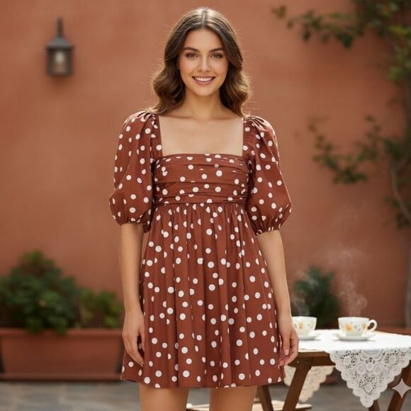 Abercrombie & Fitch Babydoll Puff Sleeve Polka Dot Mini Dress Large - Picture 1 of 12